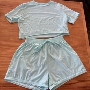 Women's Light Blue Short Sleeve Top and Shorts Matching Set